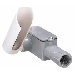 This outdoor temperature sensor features a plastic conduit-box housing with a replaceable sensing probe. It provides single-point temperature measurement with ±0.34°F accuracy over a range of 32°F to 158°F. Hardwired for integration with building automation systems, it is suited for HVAC control and environmental monitoring in outdoor locations.