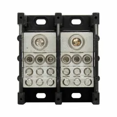 Open block with lugs for power distribution. Accepts line side wire sizes from 6 AWG to 350 kcmil. Copper construction. Surface mount design for use in industrial control panels, switchgear, and machinery.