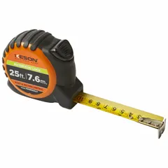 KESON tape measure with a 25 ft / 7.5 m blade, plastic case with rubberized grip, and auto lock mechanism. Features a nonmagnetic single hook tip and dual inch/metric markings in 1/16 in increments. Used for measuring distances in construction, maintenance, and industrial applications.