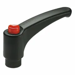 Fiberglass-reinforced plastic handle with brass threaded insert and green plastic push button. Threaded hole size 3/8"-16. Used for manual clamping and positioning on machinery, jigs, and fixtures.