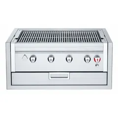 This portable natural gas grill delivers 64,500 BtuH heating capacity for outdoor cooking. With a 32-inch overall height and 24-inch overall depth, it is suited for commercial food service, catering, and event grilling where mobility and high-volume output are required.