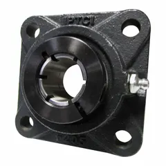 This flange-mount ball bearing has a 1 1/4 in bore and a cast iron housing with a concentric collar for secure shaft mounting. It uses a 7/16 in mounting bolt size and is designed for inch-system applications. Typical uses include supporting rotating shafts in industrial machinery, conveyors, and material handling equipment.