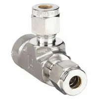 Stainless steel double-ferrule compression tee fitting with 1/4 in OD tube ends and 1/4 in pipe thread branch. Compatible with Parker A-LOK fittings. Used in instrumentation, hydraulic, and pneumatic systems for branching a tube line to a pipe connection