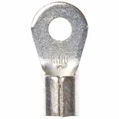 Non-insulated ring terminal rated for 1000 V, with brazed barrel and seam. Accepts 4 AWG wire and fits 1/4 in studs. Used for terminating wires in high-voltage electrical panels, motor controls, and power distribution systems.