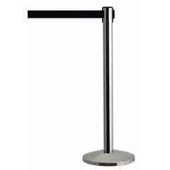This retractable belt post barrier has a stainless steel base and post with a silver finish. It includes a 7 1/2 ft black belt with no legend or pattern. Used for crowd control and queue management in public areas such as airports, banks, retail stores, and event venues.