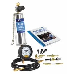 This stainless steel fuel injector cleaner kit is designed for use with most gasoline engines in automotive applications. It includes a blow out fitting for thorough cleaning. The kit is colored blue.