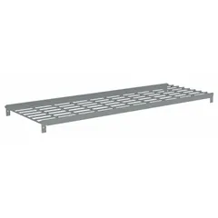 Single straight wire decking shelf kit for boltless shelving. Includes two steel beams and steel decking with zinc-plated finish. Frame material is steel with zinc-plated finish. Decking is 5 ga. Color: gray. Load capacity: 550 lb. Suitable for organizing and supporting loads in warehouses and industrial storage areas.