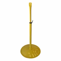 Steel pedestal base for supporting industrial fans in ventilation and air movement applications. Yellow powder-coated finish. Includes assembly hardware. Base diameter 27 in, overall length 62 in, width 27 in.