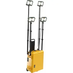 This wheeled-cart remote area light from PELICAN delivers 24,000 lumens of LED illumination at a single brightness level. It operates on 12V DC and is rated IP54 for dust and water resistance. The yellow frame and wheeled cart facilitate transport and positioning at construction sites, emergency scenes, and industrial maintenance locations.
