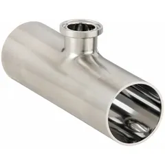 This 316 stainless steel sanitary tee features a short outlet design for branch connections in tight spaces. It has a 4 in OD x 4 in OD x 1/2 in OD size with clamp/weld ends, conforming to ASME BPE standards. Used in hygienic piping systems for food, dairy, beverage, pharmaceutical, and bioprocessing applications.