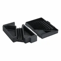 This PACKOUT tool organizer tray is made of black polypropylene and measures 9 inches wide by 12 3/8 inches deep by 3 7/8 inches high. It is designed to fit within the PACKOUT modular storage system, providing organized storage for sockets in toolboxes, drawers, and rolling chests.