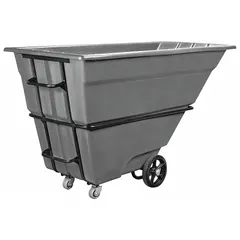 Steel-reinforced plastic tilt truck with 54 cu ft capacity and 2000 lb load rating. Gray body measures 85 in L x 48 in W x 50 in H. Equipped with (1) swivel caster and (2) axle-mounted casters. Used for moving bulk materials, scrap, or refuse in industrial settings.