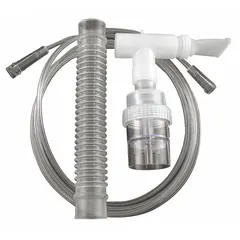 This nebulizer delivers aerosolized medication for respiratory therapy. It has a 6 mL capacity and includes oxygen supply tubing. Overall dimensions are 18 inches in length and 14 inches in width. Suitable for clinical and home healthcare settings.