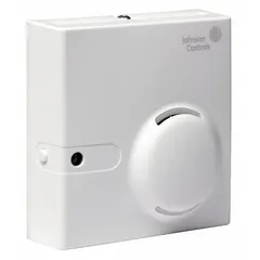 Wall-mounted digital sensor with plastic housing and digital display. Measures temperature from 32°F to 131°F with ±0.34°F accuracy and relative humidity from 0 to 100% with ±3% accuracy. Provides 0 to 5V DC humidity output. Connects via screw terminals for use in building automation systems.