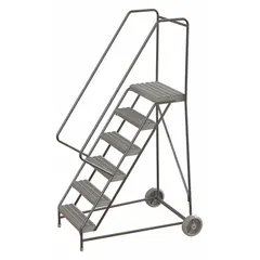 This assembled aluminum tilt-&-roll ladder provides a 5 ft platform height for accessing elevated work areas. The wheelbarrow-style base allows easy repositioning without dismounting, and double handrails offer stability. Suitable for industrial and warehouse settings where mobility and quick repositioning are needed.