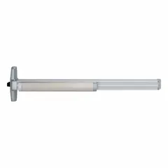 This rim-type exit device features a touchbar push pad and a lever outside trim, finished in gray. It is designed for commercial doors requiring push-to-exit functionality, allowing safe egress while the lever enables keyed entry from the exterior. Not ADA compliant and not ligature-resistant.