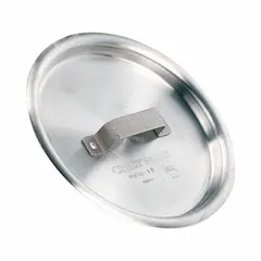 Aluminum stock pot cover with 15-inch diameter, designed for use with commercial stock pots. NSF Certified for food service environments. Suitable for covering pots during cooking, storage, or transport of soups, stocks, and other large-batch preparations.