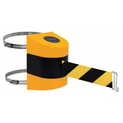 This rack-mount retractable belt barrier from TENSABARRIER features a 15 ft black/yellow belt with a pattern and no legend. The frame is also black/yellow. It is used for pedestrian crowd control and safety delineation in industrial facilities, warehouses, and public spaces, providing high-visibility lane separation without permanent installation.