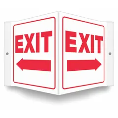 This V-shape projection exit sign is made of PETG with a nominal size of 6 x 8-1/2 inches and a thickness of 0.06 inches. It features mounting holes for secure installation on walls or ceilings. The sign is printed on one side and is not retroreflective or glow-in-the-dark. Suitable for marking emergency exits in industrial and commercial facilities.
