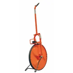 Mechanical outdoor measuring wheel with a 99,999 ft range, solid single wheel with rubber tread, and steel frame. Features a foldable design with an adjustable handle. Operates without batteries and uses SAE (feet) measurement units. Suitable for construction, surveying, and landscaping distance measurement tasks.