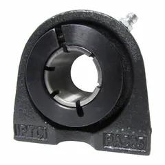 This cast iron pillow block ball bearing has a 1-1/4 in bore and a tapped base for direct mounting. The mounting bolt size is 7/16-14. It supports rotating shafts in conveyors, material handling systems, and industrial machinery.