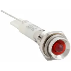 Red LED pilot light with protruding head for 6 mm panel mounting hole. Features a lead for soldering electrical connection. Used for visual status indication on industrial control panels, machinery, and equipment.
