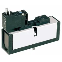 Four-way, two-position solenoid air control valve with single solenoid and spring return. Operates on 24V DC with internal pilot. Used to direct compressed air in industrial pneumatic systems for actuating cylinders and automation equipment