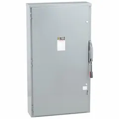 Fusible safety switch rated 400 A, three-phase, 600V AC. Galvanized steel enclosure suitable for indoor or outdoor installation. Used as a disconnecting means in industrial and commercial power distribution systems for maintenance or emergency shutdown.