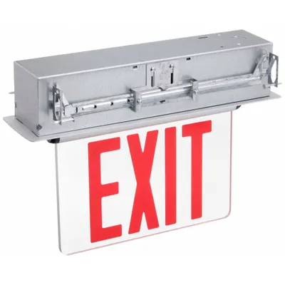 OEM Exit Sign: 1 Faces, Red, Aluminum, Universal Field Selectable Chevrons - Recess-Mount Edge-Lit Exit Signs