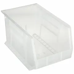 This AKRO-MILS Clearview Plastic Bin measures 11 in x 18 in x 10 in and is made of clear plastic for visual identification of contents. It includes a label holder and is stacking capable, suitable for organizing parts and tools in industrial workstations, warehouses, and assembly lines. The bin is not electrostatic discharge conductive and contains 0% recycled content.