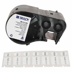 Thermal transfer precut label roll cartridge containing 240 rectangular cryogenic polyester labels, each 1/2 in x 29/32 in. Designed for use with Brady M511 printer series and suitable for labeling 1.5 to 2.0 mL vials or tubes in laboratory and cold-chain storage applications.