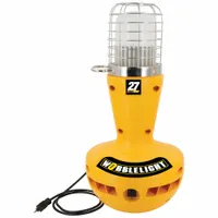 Self-righting floor light for portable area illumination. Operates on 120V AC, delivers up to 10,000 lm maximum brightness with a single light level. Maximum height of 15 inches. Suitable for use in industrial maintenance, construction, and emergency response settings where a stable, upright light source is needed after being knocked over