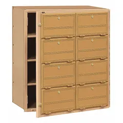 This horizontal multi-unit mailbox features 8 lockable front-access doors for secure mail distribution in commercial or residential buildings. Dimensions are 26 1/2 in H x 23 1/2 in W x 16 in D. Note: Not USPS Master Lock compliant.