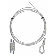 Galvanized steel wire rope hanger with hook attachment. Overall length 118 13/16 in, load capacity 200 lb. Used for suspending overhead equipment, conduit, or ductwork in industrial and commercial installations.