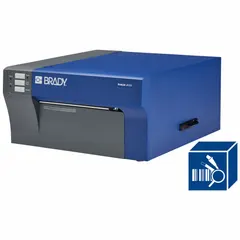 Full-color inkjet desktop printer for cable and wire labeling. Operates as PC connected or standalone via Ethernet/USB. Includes Brady Workstation Product and Wire ID Software Suite, Media Starter Roll 4 in B-2595 Vinyl, and two ink cartridge storage caps.
