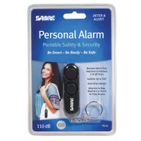 Personal safety alarm in a black plastic housing. Emits a 110 dB sound to deter threats and alert bystanders. Battery-powered for portable use. Suitable for personal security during walking, jogging, travel, or in remote work settings