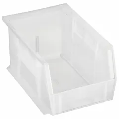 This clear plastic bin from AKRO-MILS is designed for organizing small parts, components, and hardware in industrial workstations, warehouses, and assembly lines. It includes a label holder for quick visual identification and is stackable to maximize shelf space. The bin is not electrostatic discharge conductive and contains 0% recycled content.