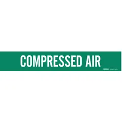 Green adhesive pipe marker with white legend reading 'Compressed Air'. Fits pipe outer diameters from 2-1/2 to 7-7/8 inches. Supplied without arrows. Used to identify compressed air lines in industrial piping systems.