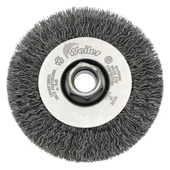 Crimped steel wire brush for light cleaning of carbon steel surfaces. Removes rust, scale, and light burrs without damaging base material. Suitable for weld cleaning, surface preparation, and general maintenance. 4" diameter, 1/2" width, 5/8"-11 arbor, 0.014" fill.