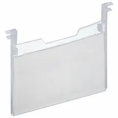 Set of six clear label holders for divider boxes. Each holder measures 5 3/4 in x 4 3/4 in and features a hanging mounting type with adhered label attachment. Used to identify contents of divider boxes in industrial storage systems.