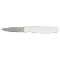 This paring knife features a straight steel blade with a 3 1/2 in overall length and a white polypropylene handle. It is NSF Certified for use in commercial food preparation environments. The knife is suited for precision cutting, peeling, and trimming tasks in food service operations.
