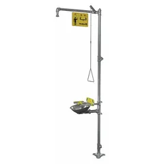 This floor-mount combination safety fixture integrates an overhead shower and an eyewash station for emergency decontamination. Constructed with a stainless steel bowl and stainless steel pipe, it is suited for industrial environments where corrosion resistance is required.