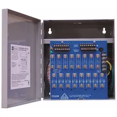 Steel-enclosed power supply board with 115V AC input, delivering 24V AC at 12.5A total current across 16 fused outputs. Suitable for power distribution in control panels, security systems, and access control installations requiring multiple protected low-voltage outputs.
