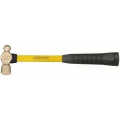 This non-sparking ball-peen hammer features a 12 oz aluminum bronze head and a 14 in overall length with a ribbed fiberglass grip. It is used for striking chisels, shaping metal, and general maintenance in environments where sparking must be avoided.