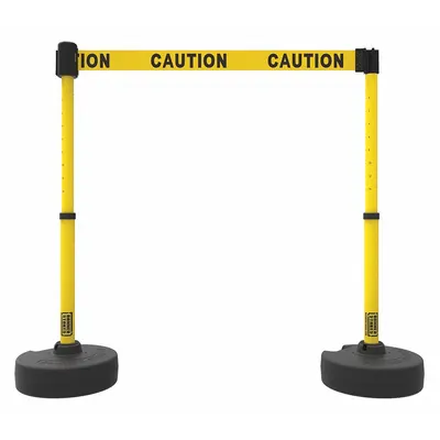 BANNER STAKES Belt Barrier System: 42 in Post Ht, 15 ft Belt Lg, Yellow, 2 No. of Posts - Retractable Belt Barrier Systems