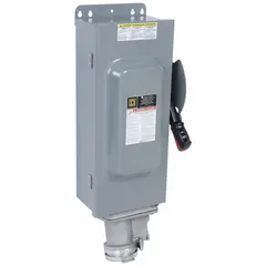 This SQUARE D fusible safety switch is rated 100 A, three-phase, 600V AC, housed in a galvanized steel enclosure for indoor use. It is compatible with the Crouse-Hinds Arktite plug series. Typical applications include disconnecting power for industrial equipment maintenance or emergency shutdown in manufacturing and commercial facilities.