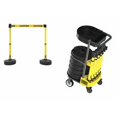 Mobile retractable belt barrier system for temporary crowd control and hazard delineation. Includes four yellow posts, five round flat fillable bases, and one 15-foot yellow caution-message belt. The fillable bases can be weighted for stability in indoor or outdoor use.