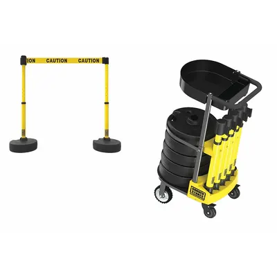 BANNER STAKES Belt Barrier System: 42 in Post Ht, 15 ft Belt Lg, Yellow, 4 No. of Posts - Mobile Retractable Belt Barrier Systems