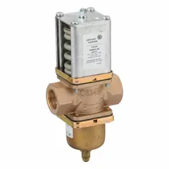 Two-way, pressure-actuated water regulating valve with brass body. Adjustable pressure range 70 psi to 260 psi, maximum flow 45 gpm. For use with R-22 refrigerant in refrigeration systems to modulate water flow and maintain stable condensing pressure.