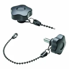 This tethered 5-arm knob features an M12 threaded stud and a 200 mm nominal tether length. The knob body is molded from black POM-based technopolymer, with a steel thread insert. It is used for manual clamping and adjustment on industrial machinery, panel doors, and guards where a captive fastener prevents loss.